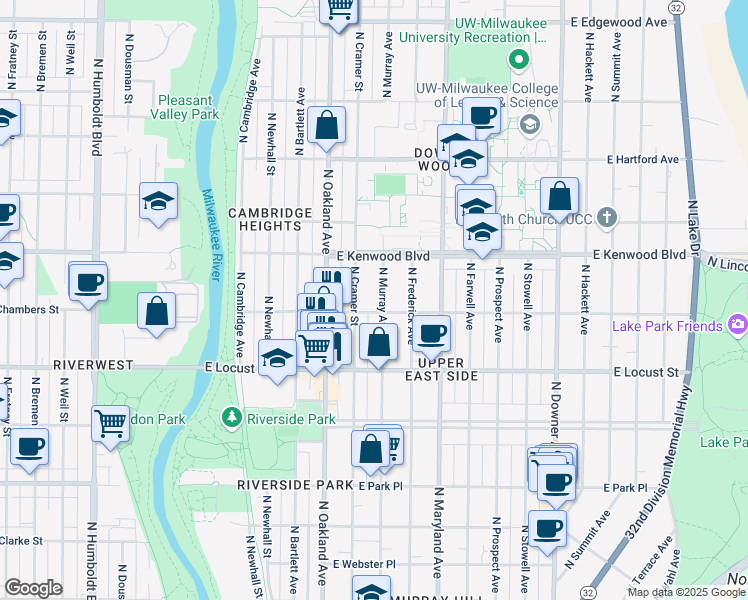 map of restaurants, bars, coffee shops, grocery stores, and more near 2966 North Cramer Street in Milwaukee