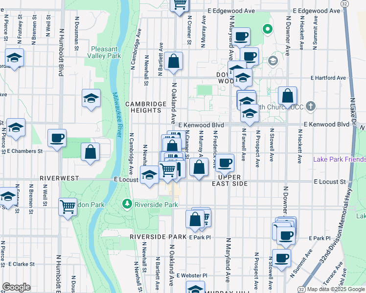 map of restaurants, bars, coffee shops, grocery stores, and more near 2966 North Cramer Street in Milwaukee