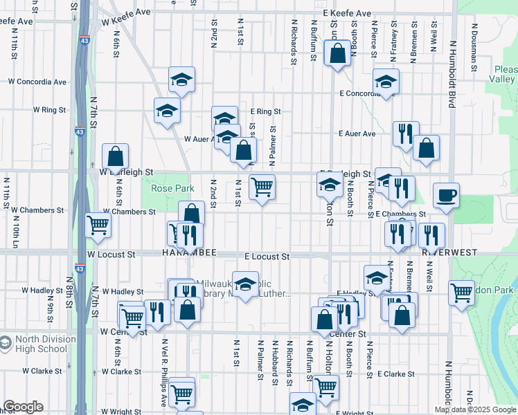 map of restaurants, bars, coffee shops, grocery stores, and more near 2958 North Palmer Street in Milwaukee
