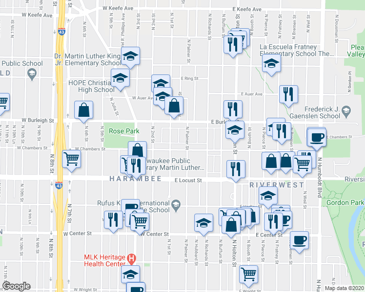 map of restaurants, bars, coffee shops, grocery stores, and more near 2962 North 1st Street in Milwaukee