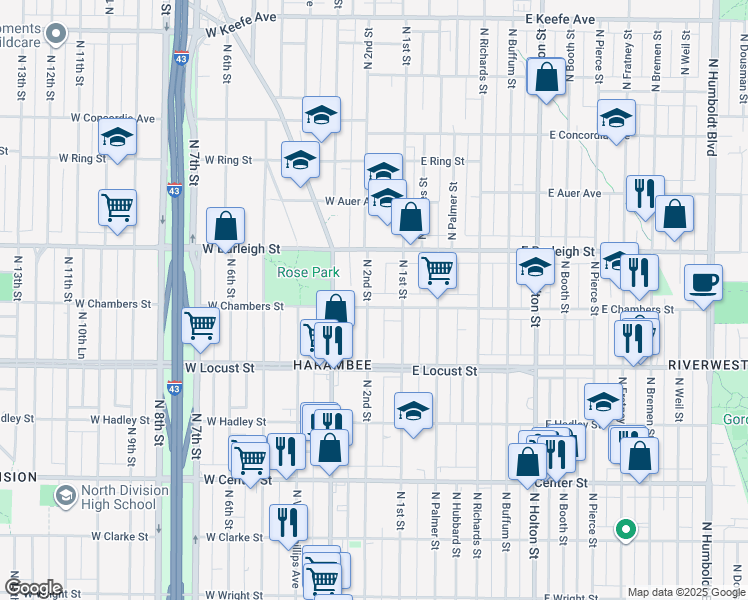 map of restaurants, bars, coffee shops, grocery stores, and more near in Milwaukee