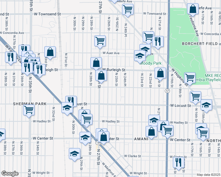 map of restaurants, bars, coffee shops, grocery stores, and more near 2937 North 25th Street in Milwaukee