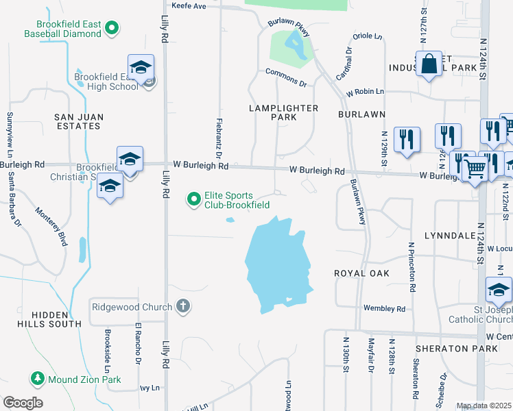 map of restaurants, bars, coffee shops, grocery stores, and more near 13615 West Burleigh Road in Brookfield