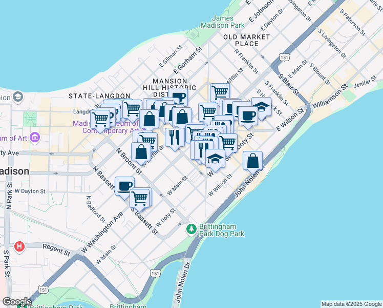 map of restaurants, bars, coffee shops, grocery stores, and more near 121 West Main Street in Madison