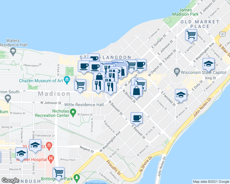 map of restaurants, bars, coffee shops, grocery stores, and more near 433 West Johnson Street in Madison