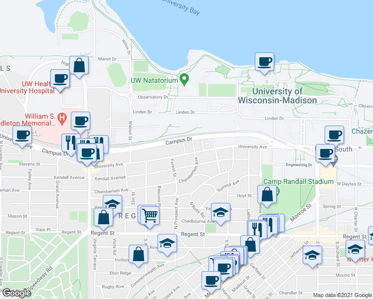 map of restaurants, bars, coffee shops, grocery stores, and more near 2029 University Avenue in Madison