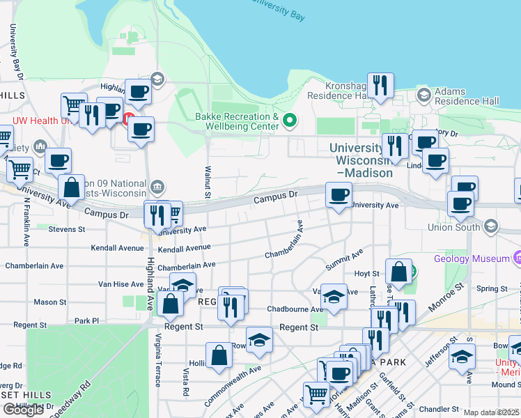 map of restaurants, bars, coffee shops, grocery stores, and more near 2121 University Avenue in Madison