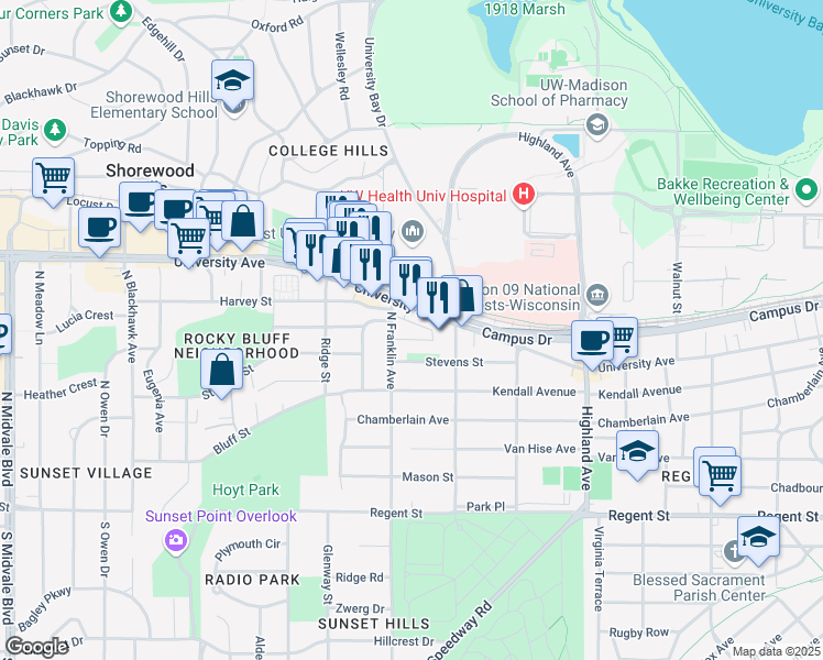 map of restaurants, bars, coffee shops, grocery stores, and more near 501 North Franklin Avenue in Madison