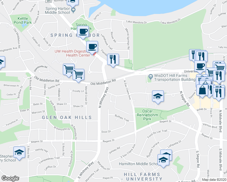 map of restaurants, bars, coffee shops, grocery stores, and more near 5015 Sheboygan Avenue in Madison