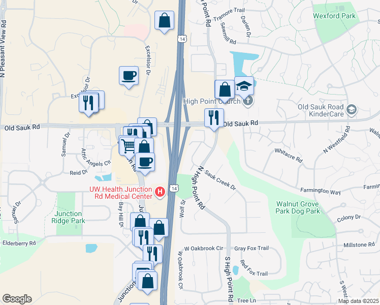 map of restaurants, bars, coffee shops, grocery stores, and more near 6 Sayner Court in Madison