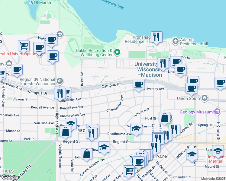 map of restaurants, bars, coffee shops, grocery stores, and more near 406 Paunack Place in Madison