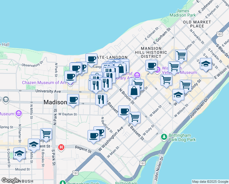 map of restaurants, bars, coffee shops, grocery stores, and more near 418 West Johnson Street in Madison