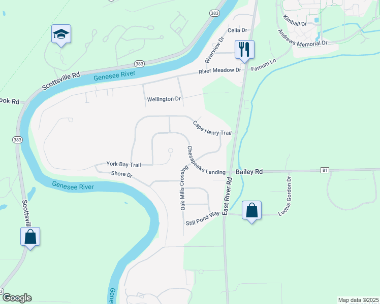 map of restaurants, bars, coffee shops, grocery stores, and more near 38 Chesapeake Landing in West Henrietta