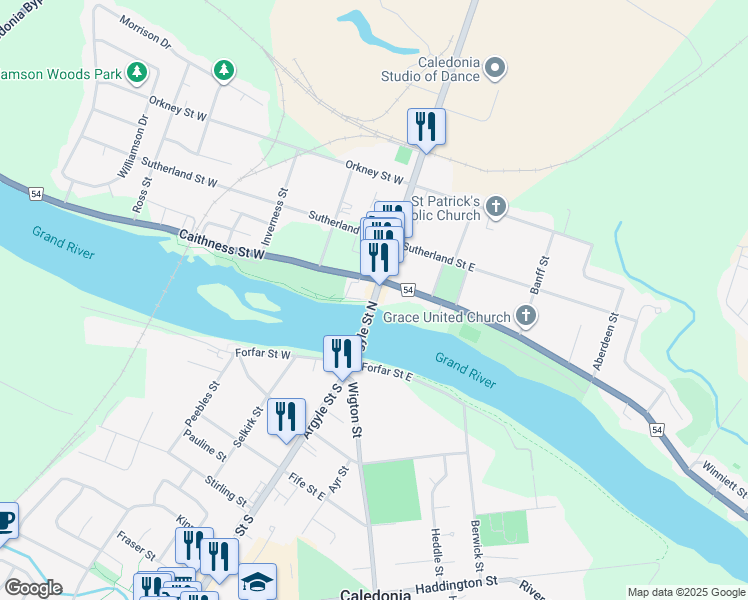 map of restaurants, bars, coffee shops, grocery stores, and more near 9 Argyle Street North in Caledonia