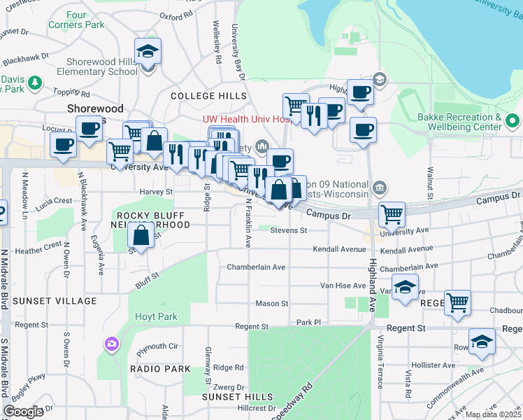 map of restaurants, bars, coffee shops, grocery stores, and more near 2734 Lynn Terrace in Madison