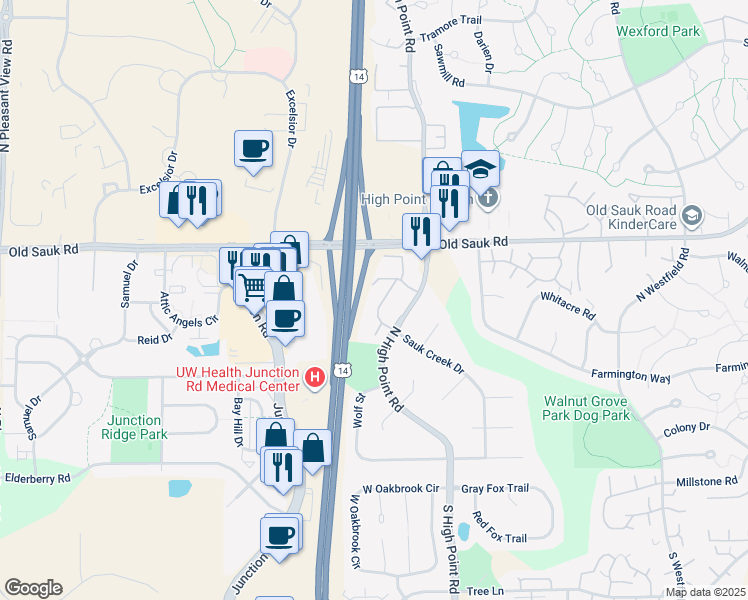 map of restaurants, bars, coffee shops, grocery stores, and more near 12 Sayner Court in Madison