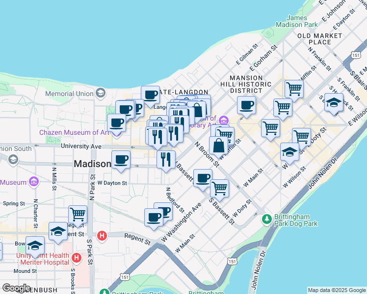 map of restaurants, bars, coffee shops, grocery stores, and more near 422 West Johnson Street in Madison