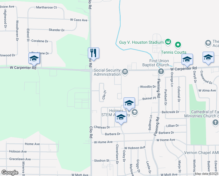 map of restaurants, bars, coffee shops, grocery stores, and more near 2229 West Carpenter Road in Flint