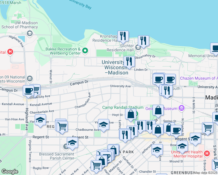 map of restaurants, bars, coffee shops, grocery stores, and more near 1805 University Avenue in Madison