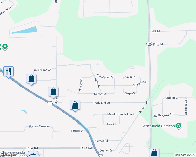 map of restaurants, bars, coffee shops, grocery stores, and more near 7268 Katie Drive in North Tonawanda