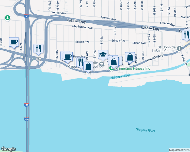 map of restaurants, bars, coffee shops, grocery stores, and more near 7315 Buffalo Avenue in Niagara Falls