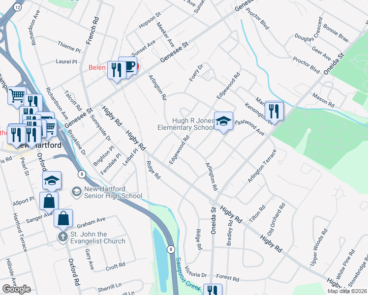 map of restaurants, bars, coffee shops, grocery stores, and more near 135 Farmington Road in Utica