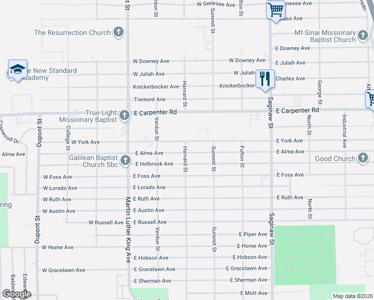 map of restaurants, bars, coffee shops, grocery stores, and more near 257 East York Avenue in Flint