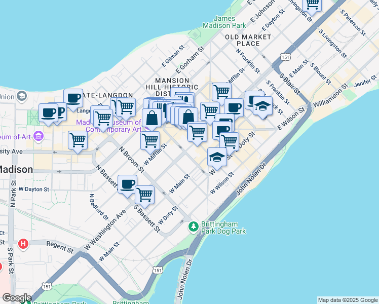 map of restaurants, bars, coffee shops, grocery stores, and more near 115 West Mifflin Street in Madison