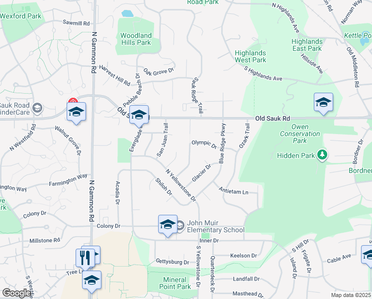 map of restaurants, bars, coffee shops, grocery stores, and more near 506 Yosemite Place in Madison