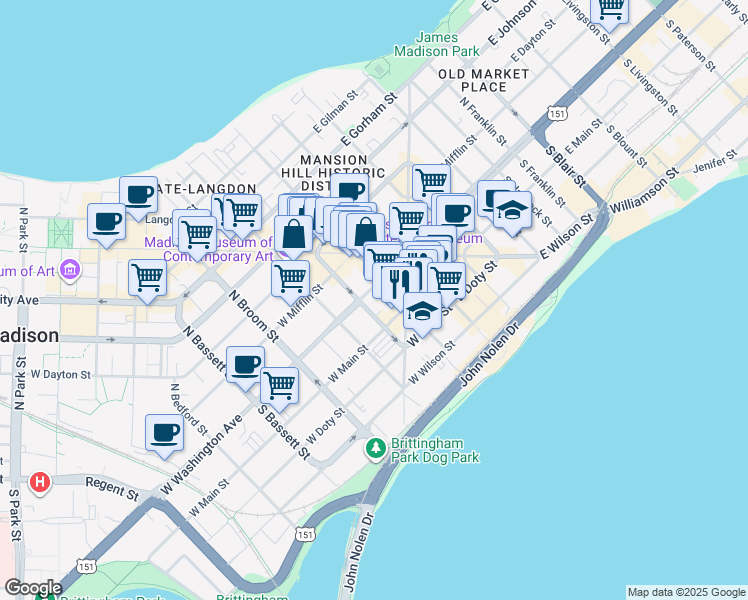 map of restaurants, bars, coffee shops, grocery stores, and more near 123 West Washington Avenue in Madison