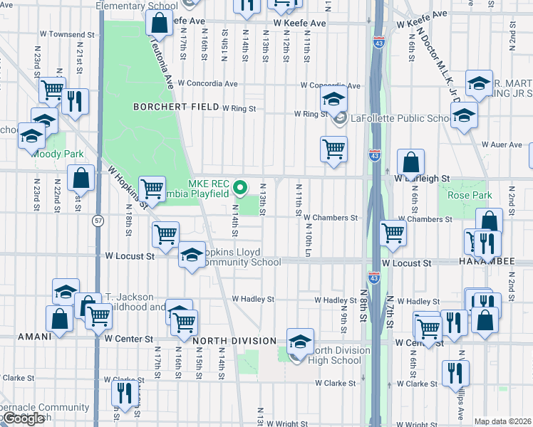 map of restaurants, bars, coffee shops, grocery stores, and more near 1212 West Chambers Street in Milwaukee