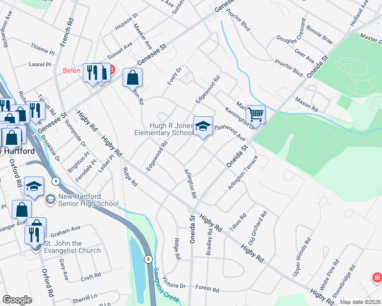 map of restaurants, bars, coffee shops, grocery stores, and more near 2640 Glenwood Road in Utica