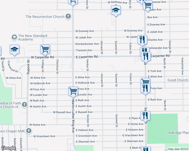 map of restaurants, bars, coffee shops, grocery stores, and more near 221 East York Avenue in Flint