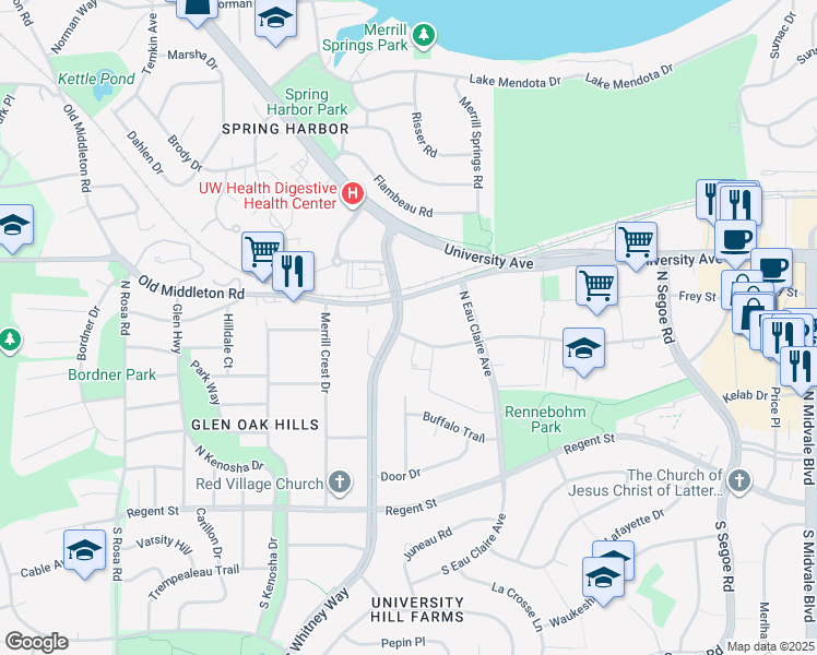 map of restaurants, bars, coffee shops, grocery stores, and more near 501 North Whitney Way in Madison