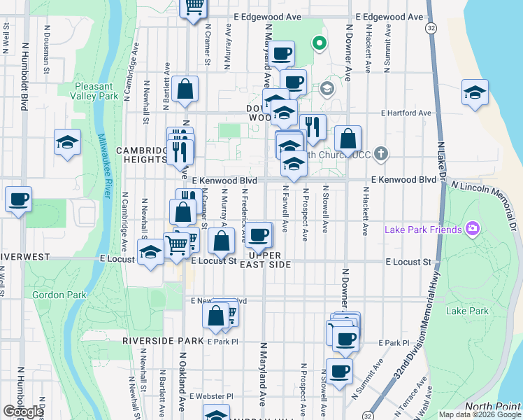 map of restaurants, bars, coffee shops, grocery stores, and more near 3051 North Maryland Avenue in Milwaukee