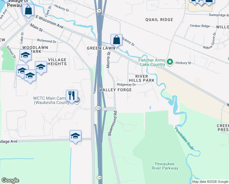 map of restaurants, bars, coffee shops, grocery stores, and more near 310 Morris Street in Pewaukee