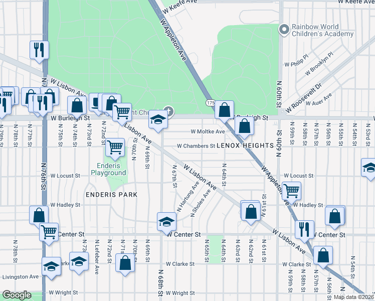 map of restaurants, bars, coffee shops, grocery stores, and more near 6620 West Chambers Street in Milwaukee