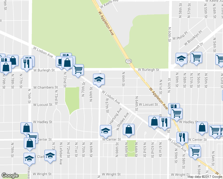 map of restaurants, bars, coffee shops, grocery stores, and more near 6657 West Chambers Street in Milwaukee