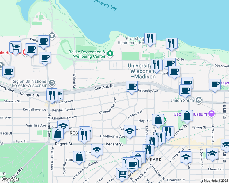 map of restaurants, bars, coffee shops, grocery stores, and more near 401 Chamberlain Avenue in Madison