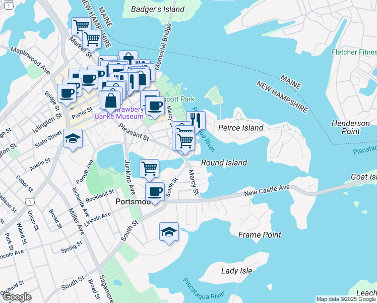 map of restaurants, bars, coffee shops, grocery stores, and more near 25 Hunking Street in Portsmouth