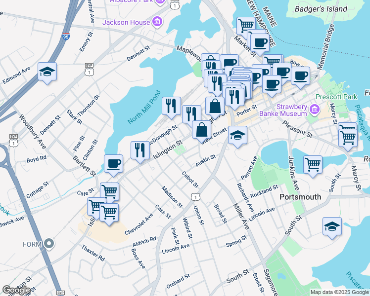 map of restaurants, bars, coffee shops, grocery stores, and more near 180 Islington Street in Portsmouth