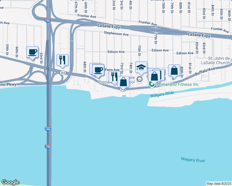 map of restaurants, bars, coffee shops, grocery stores, and more near 7214 Buffalo Avenue in Niagara Falls