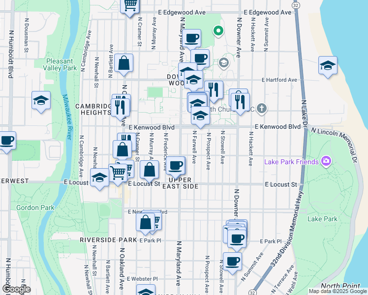 map of restaurants, bars, coffee shops, grocery stores, and more near 3051 North Farwell Avenue in Milwaukee