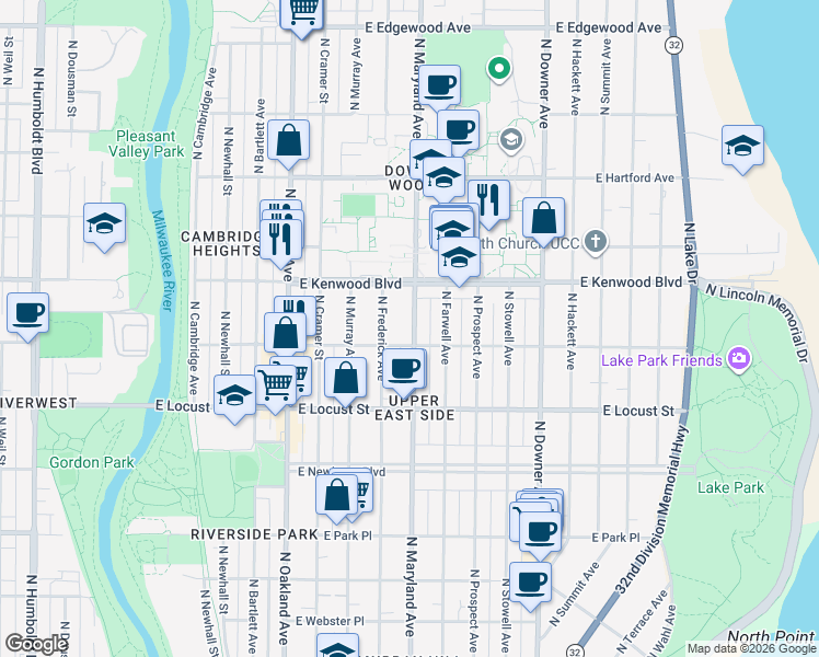 map of restaurants, bars, coffee shops, grocery stores, and more near 3051 North Maryland Avenue in Milwaukee