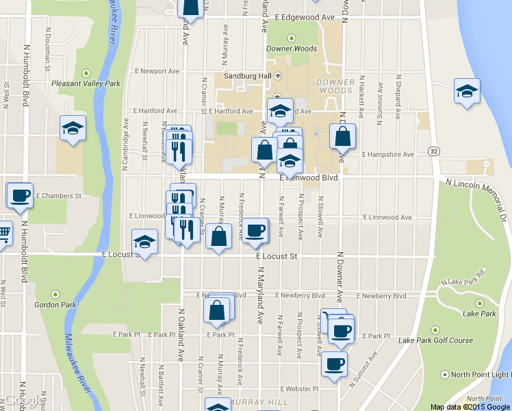 map of restaurants, bars, coffee shops, grocery stores, and more near 3051 North Maryland Avenue in Milwaukee