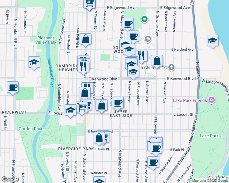 map of restaurants, bars, coffee shops, grocery stores, and more near 3051 North Maryland Avenue in Milwaukee