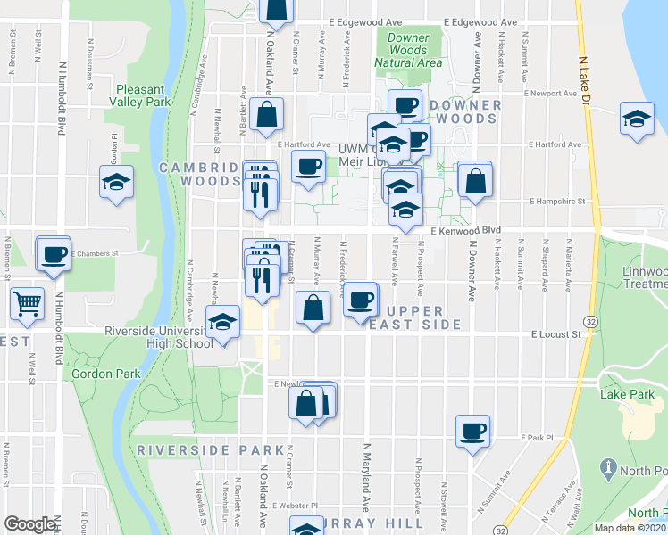 map of restaurants, bars, coffee shops, grocery stores, and more near 3054 North Murray Avenue in Milwaukee