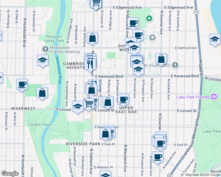 map of restaurants, bars, coffee shops, grocery stores, and more near 3054 North Murray Avenue in Milwaukee