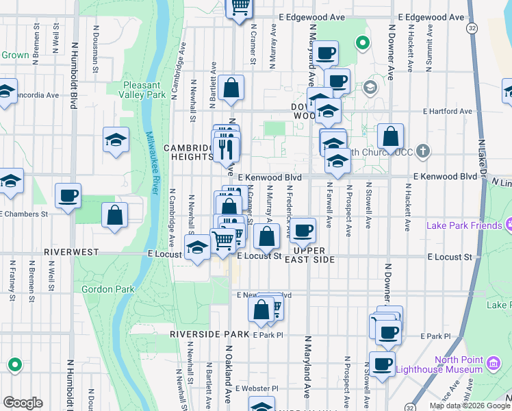 map of restaurants, bars, coffee shops, grocery stores, and more near 3050 North Cramer Street in Milwaukee
