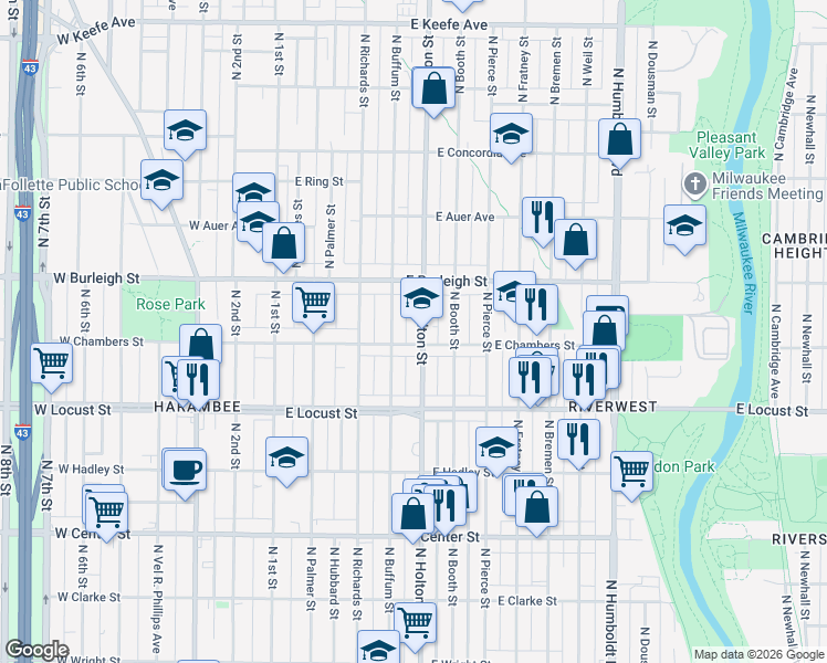 map of restaurants, bars, coffee shops, grocery stores, and more near 3046 North Buffum Street in Milwaukee